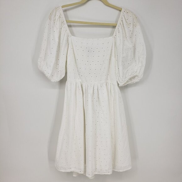 a new day Eyelet Lace Mini Dress S Cut Out Back Puff Short Sleeve White - Picture 1 of 11